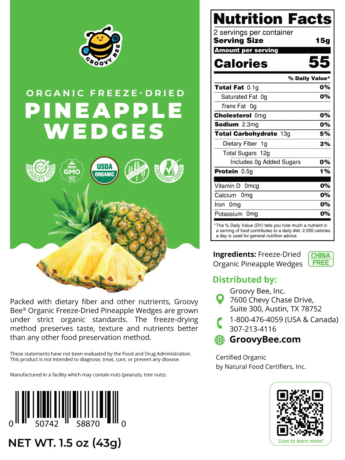 Groove Bee® Organic Freeze-Dried Pineapple Wedges 1.5 oz (43g)