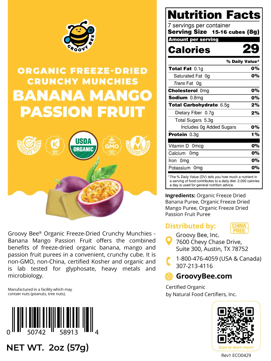 Organic Freeze-Dried Crunchy Munchies Banana Mango Passion Fruit 2 oz (57g) (3-Pack)