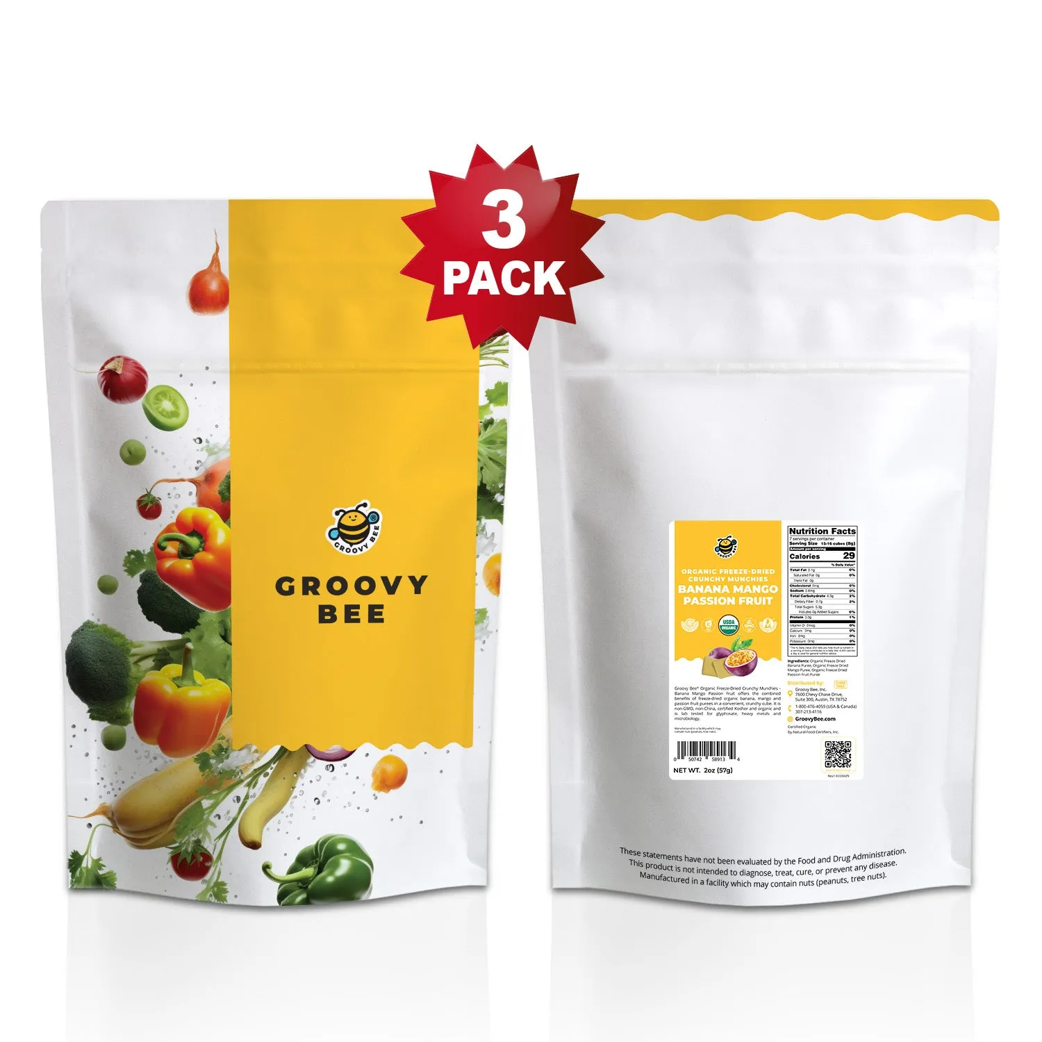 Organic Freeze-Dried Crunchy Munchies Banana Mango Passion Fruit 2 oz (57g) (3-Pack)